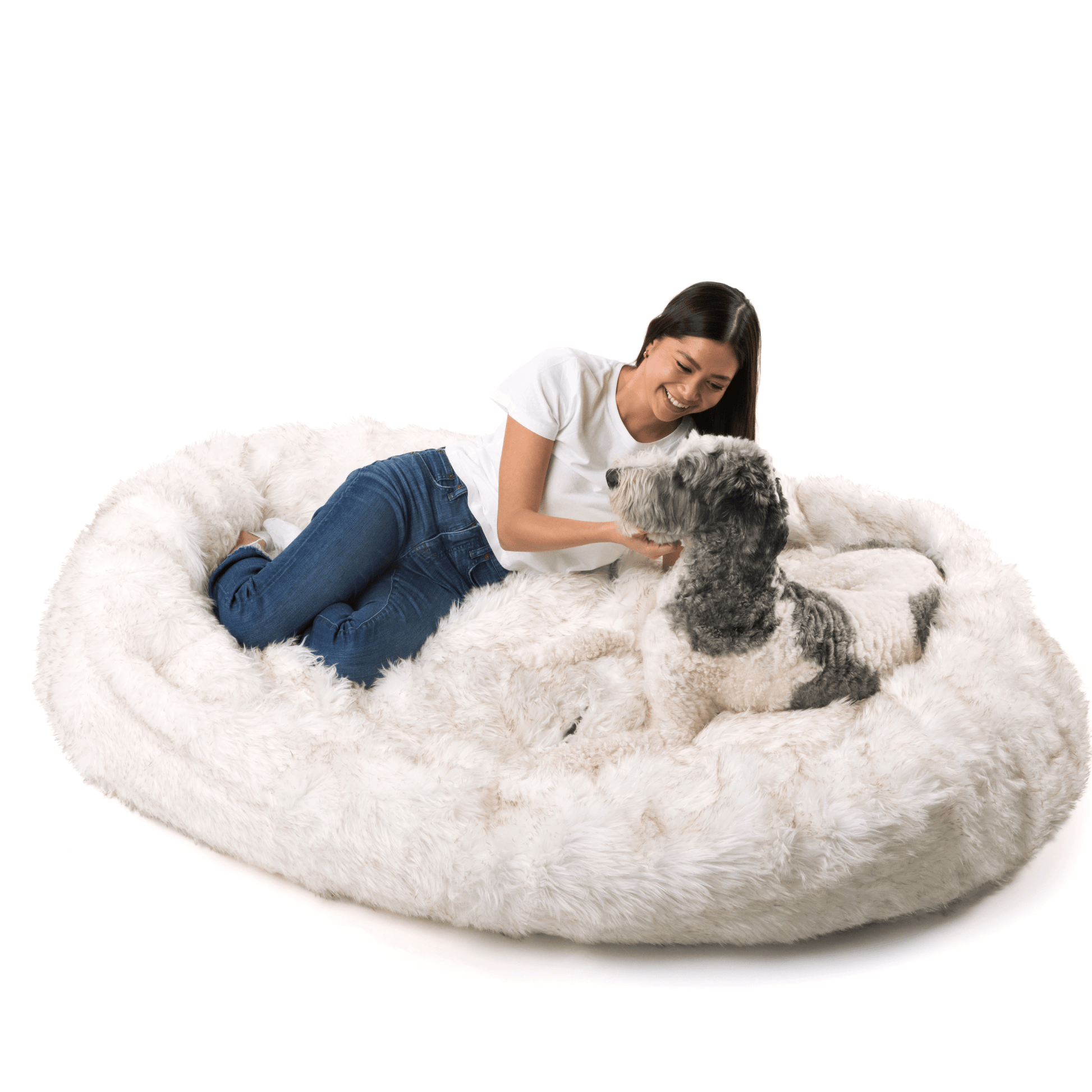 PupCloud™ Human - Size Faux Fur Memory Foam Dog Bed - White with Brown Accents - Angler's Pro Tackle & Outdoors