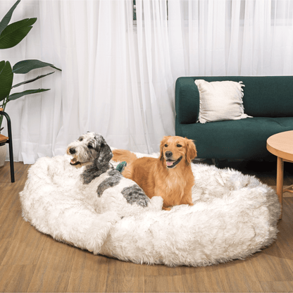 PupCloud™ Human - Size Faux Fur Memory Foam Dog Bed - White with Brown Accents - Angler's Pro Tackle & Outdoors