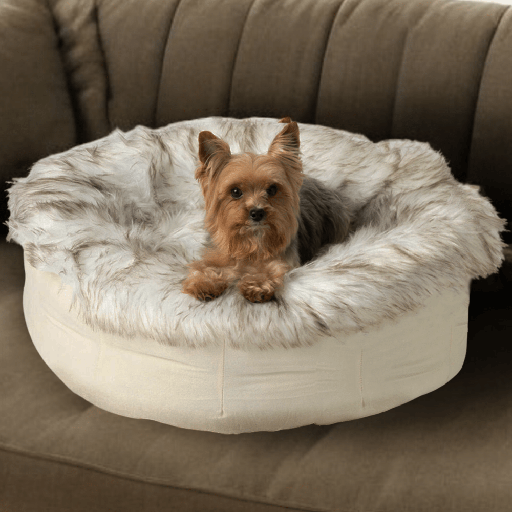 PupPouf™ Faux Fur Donut Dog Bed - White with Brown Accents - Angler's Pro Tackle & Outdoors