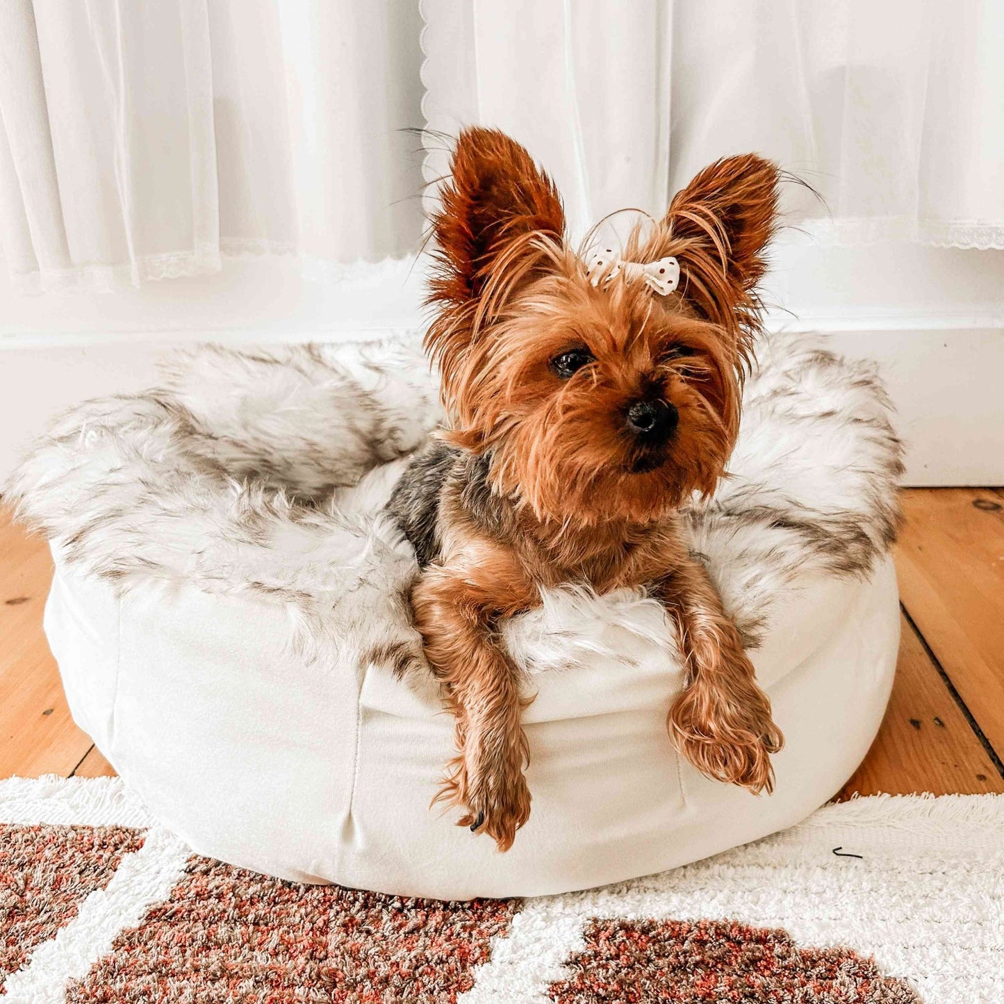 PupPouf™ Faux Fur Donut Dog Bed - White with Brown Accents - Angler's Pro Tackle & Outdoors