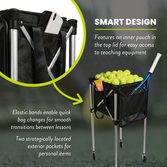 Racket Pets Ball Tote & Cart - Portable Teaching Cart with Black Ball Tote Bag for Tennis and Pickleball Pros - Angler's Pro Tackle & Outdoors