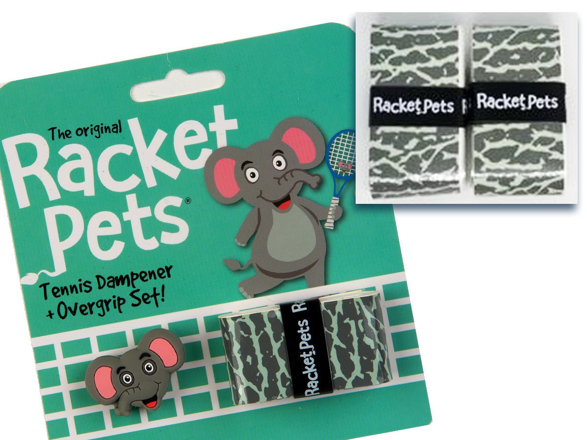 Racket Pets VALUE PACK - A Gray Elephant Racket Pet Tennis Dampener and Overgrip Tape with a (Pack of 2) Replacement Overgrip Tape - Angler's Pro Tackle & Outdoors
