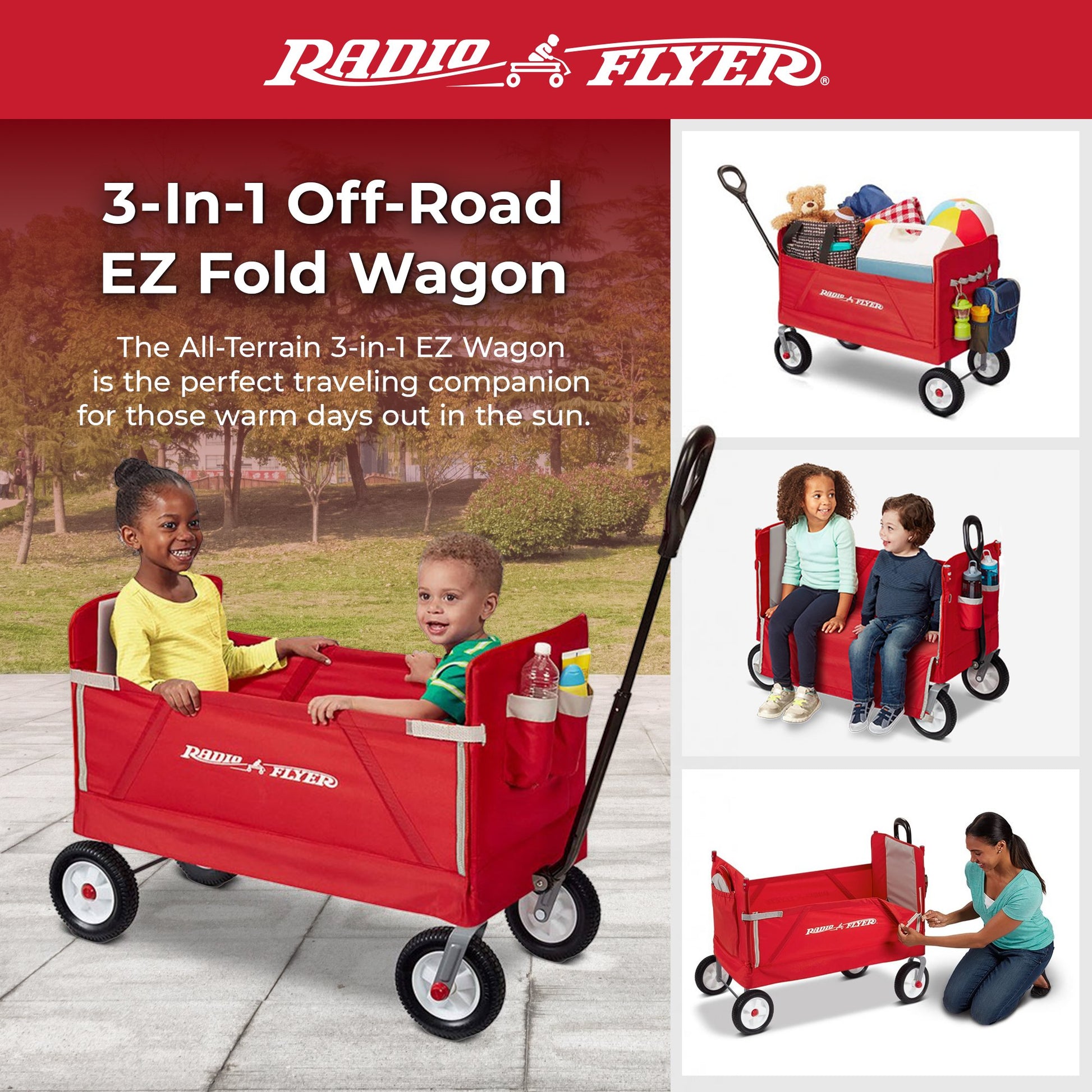 Radio Flyer All Terrain 3 - in - 1 Off Road EZ Fold Wagon for Kids and Cargo, Red - Angler's Pro Tackle & Outdoors