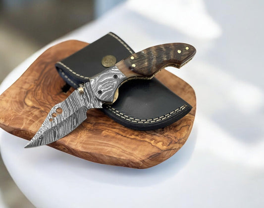 Ram Horn Damascus Pocket Knife – 3" Blade with Leather Case - Angler's Pro Tackle & Outdoors