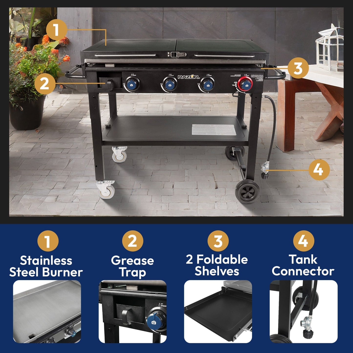 Razor Griddle GGC1643M 37 Inch Outdoor 4 Burner LP Propane Gas Griddle Grill - Angler's Pro Tackle & Outdoors