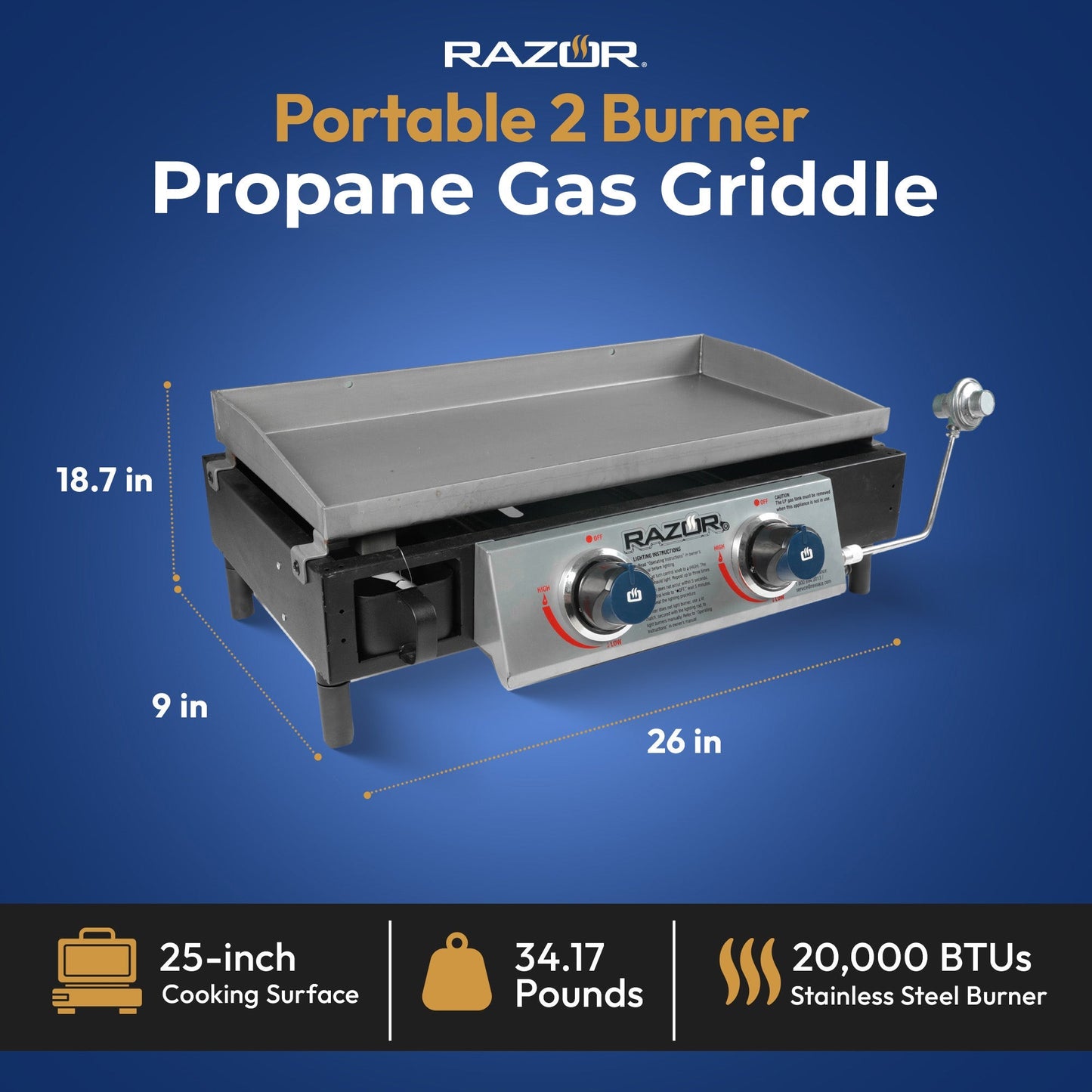 Razor Griddle GGT2130M 25 Inch Portable 2 Burner LP Propane Gas Grill, Steel - Angler's Pro Tackle & Outdoors