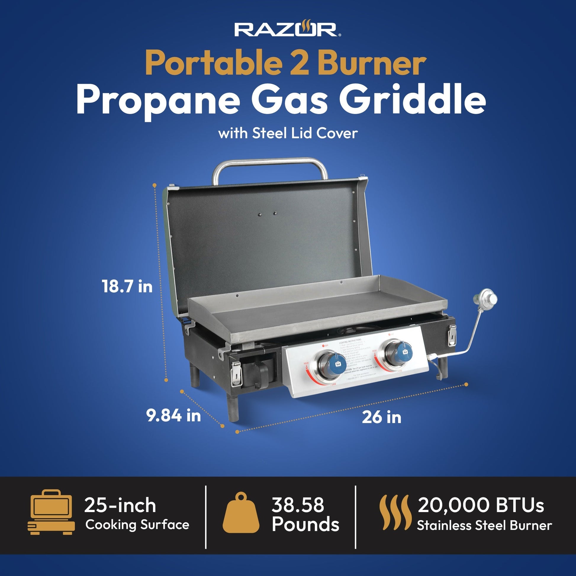 Razor Griddle GGT2131M 25 Inch Portable 2 Burner LP Propane Gas Grill, Steel - Angler's Pro Tackle & Outdoors