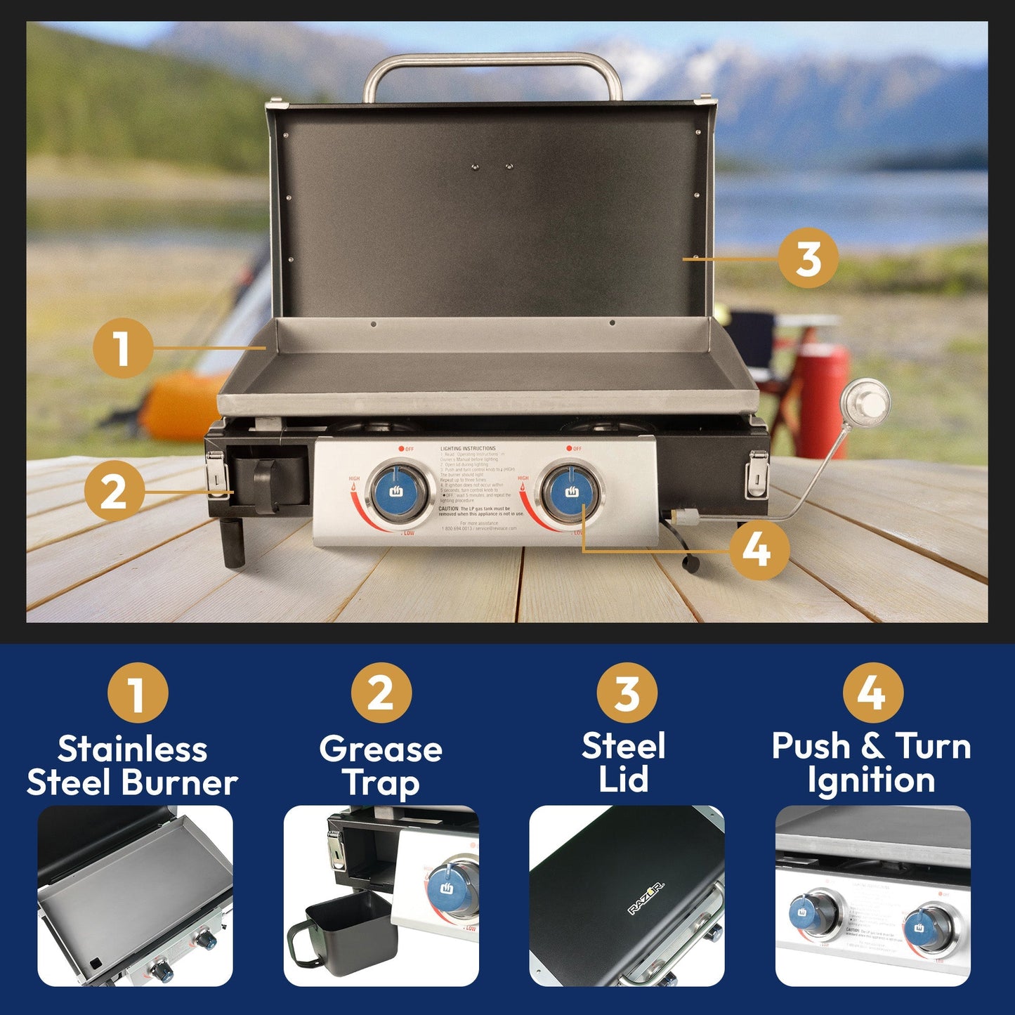 Razor Griddle GGT2131M 25 Inch Portable 2 Burner LP Propane Gas Grill, Steel - Angler's Pro Tackle & Outdoors