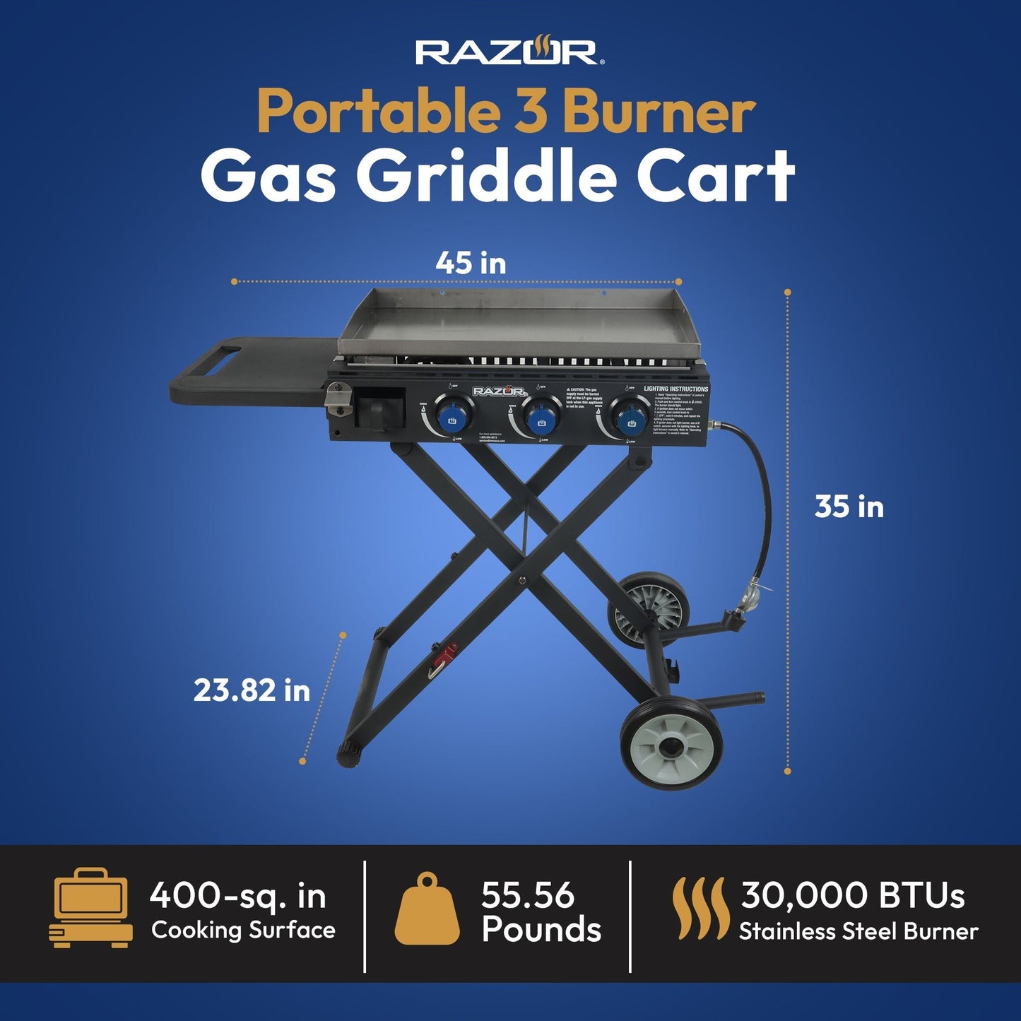 Razor Griddle Portable 3 Burner 30K BTU Gas Grill & Griddle Cart with Side Shelf - Angler's Pro Tackle & Outdoors