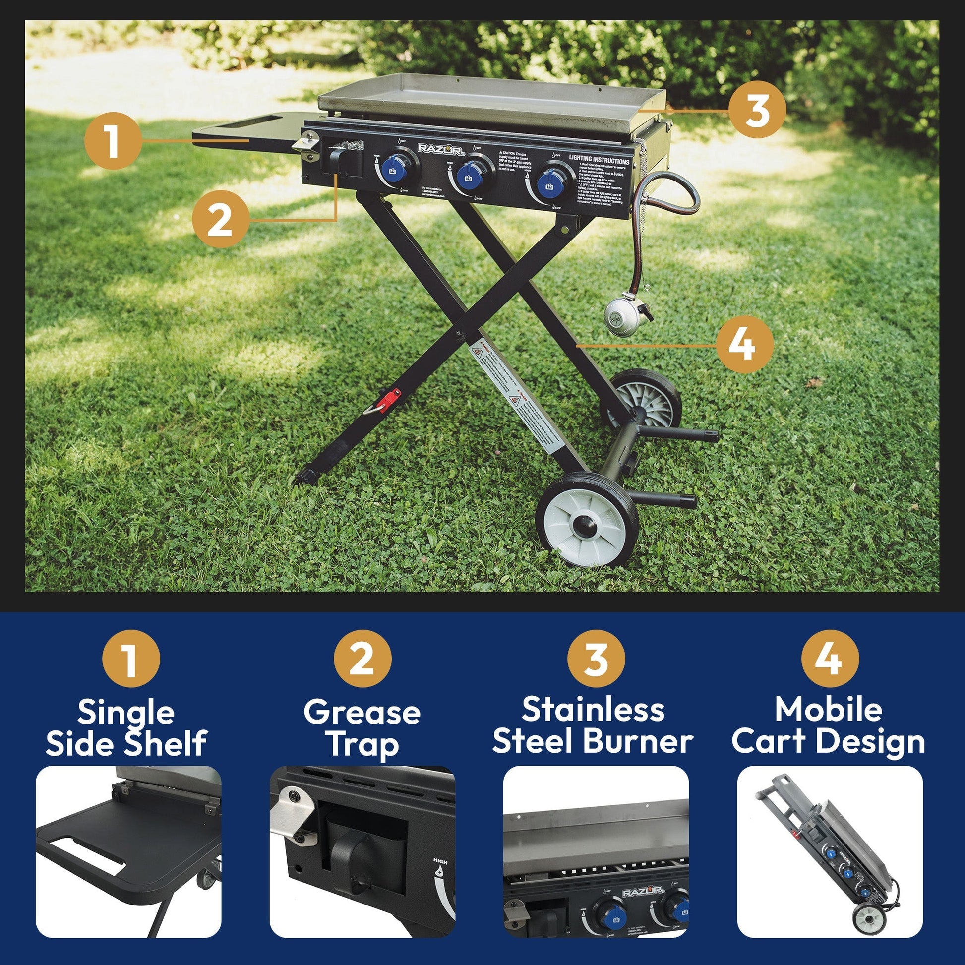 Razor Griddle Portable 3 Burner 30K BTU Gas Grill & Griddle Cart with Side Shelf - Angler's Pro Tackle & Outdoors