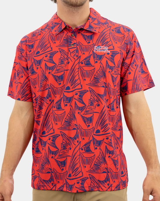 Reel Sportswear Redfish, White, Blue Polo