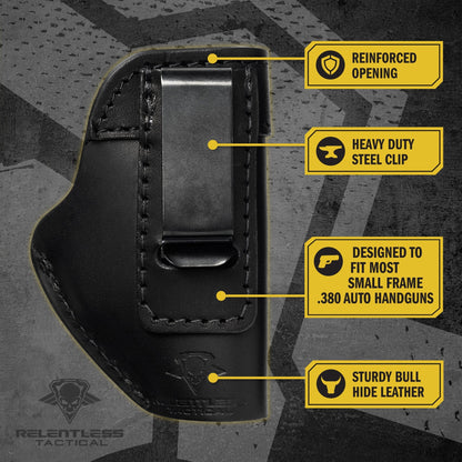 Relentless Tactical The Defender Leather IWB Holster - Fits Ruger LCP, LCP2, Sig P238, P290, S&W Bodyguard .380 and Most .380's - Lifetime Warranty - Made in USA - Angler's Pro Tackle & Outdoors