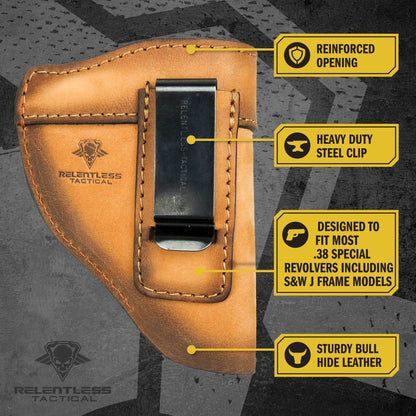 Relentless Tactical The Defender Leather IWB Holster - Fits Snub Nose Style Revolver - Lifetime Warranty - Made in USA - Angler's Pro Tackle & Outdoors