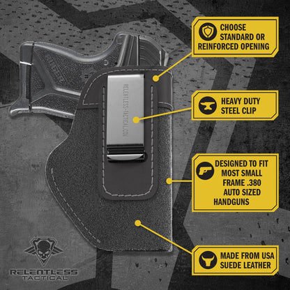 Relentless Tactical The Ultimate Suede Leather IWB Holster - Small Size | Fits Ruger LCP, LCP2, Sig P238, P290, S&W Bodyguard .380 and Most .380's - Lifetime Warranty - Made in USA - Angler's Pro Tackle & Outdoors