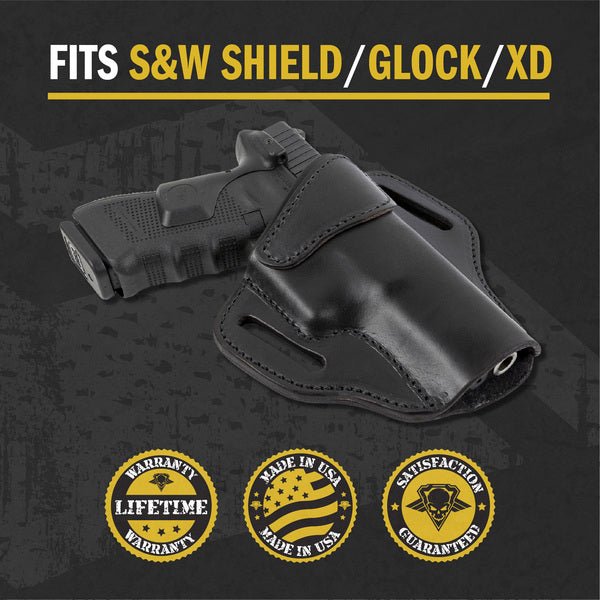 Relentless Tactical Ultimate Leather Holster 2 Slot OWB | Made in USA | Lifetime Warranty | For GLOCK 17 19 22 26 32 33 / S&W M&P Shield / Springfield XD & XDS / Plus All Similar Sized Handguns - Angler's Pro Tackle & Outdoors