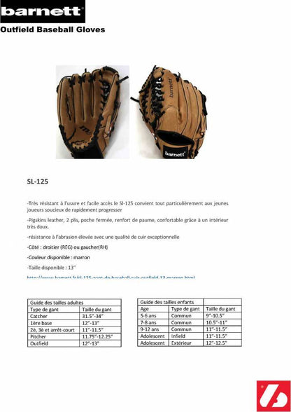 Barnett SL-125 Baseball gloves in leather outfield, size 12.5, Brown