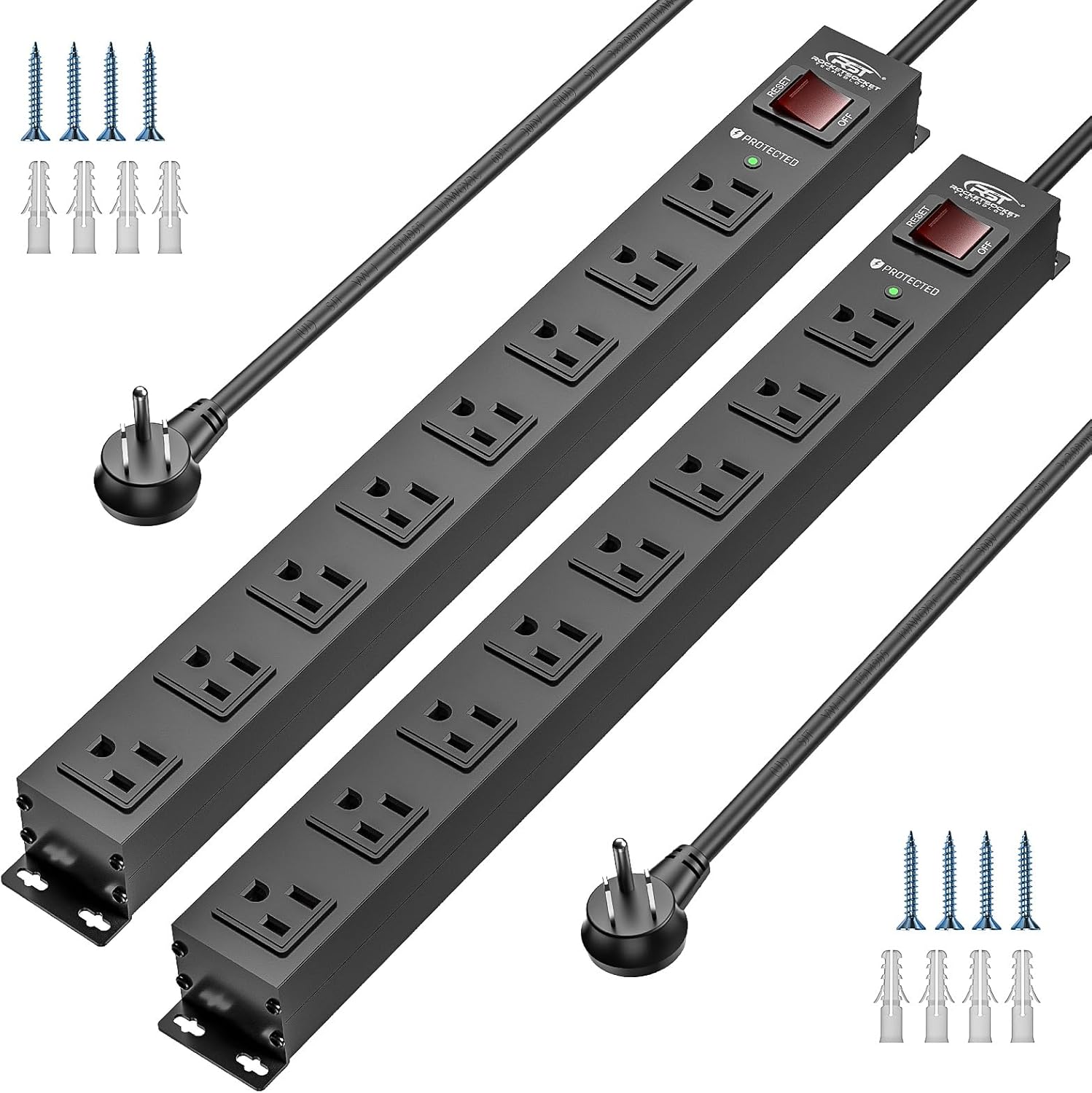 Rocket Socket 2 Pack 8 Outlet Metal Heavy Duty Power Strip with Switch, 2100J Surge Protector, 15A/1875W Mountable Wide Spaced Power Bar, 6FT 14AWG Extension Power Cord - Angler's Pro Tackle & Outdoors