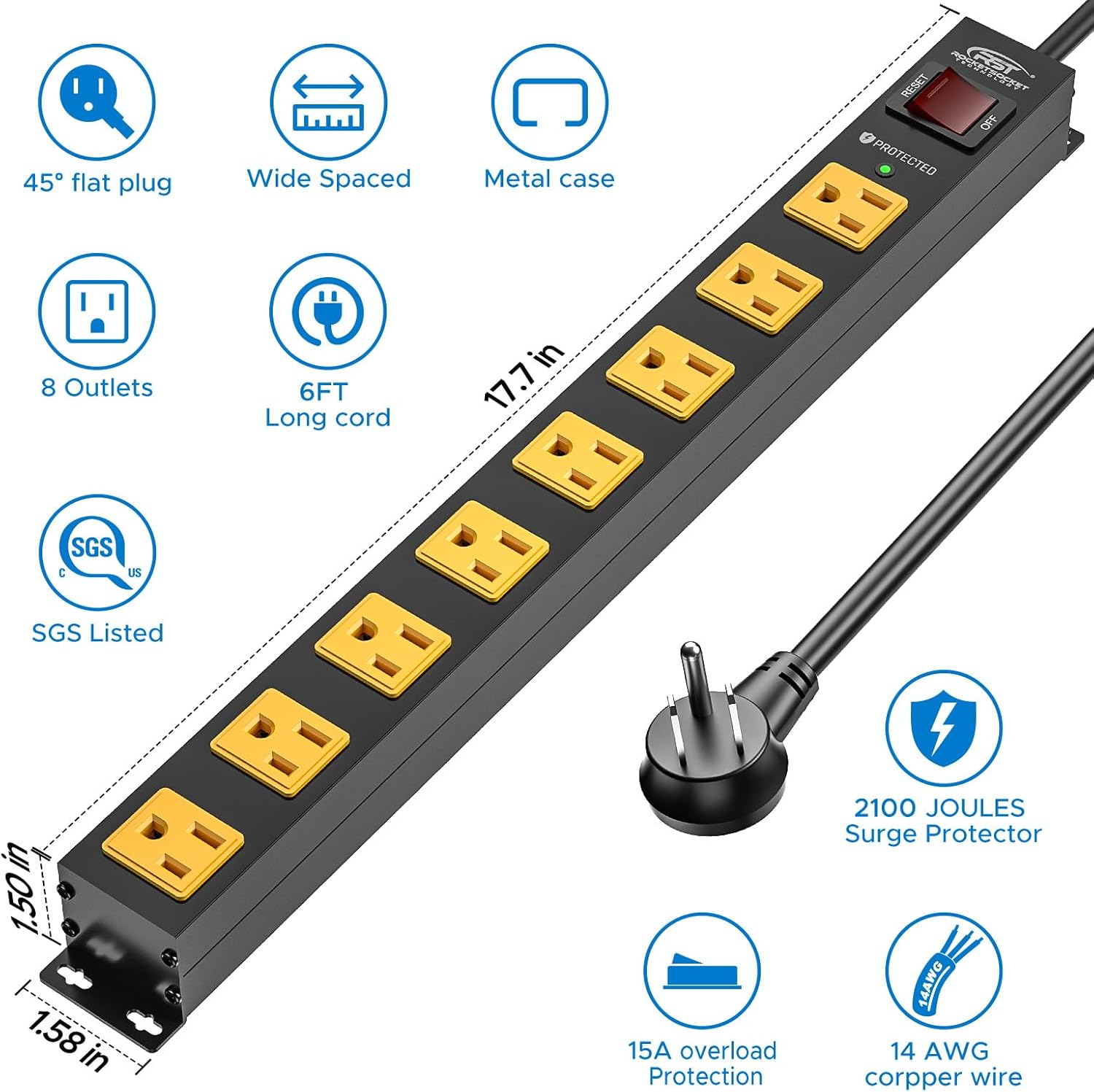 Rocket Socket 2 Pack 8 Outlet Metal Heavy Duty Power Strip with Switch, 2100J Surge Protector, 15A/1875W Mountable Wide Spaced Power Bar, 6FT 14AWG Extension Power Cord - Angler's Pro Tackle & Outdoors