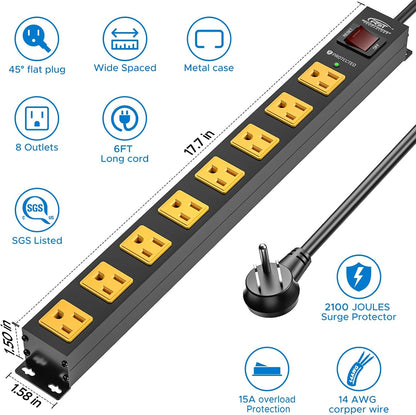 Rocket Socket 2 Pack 8 Outlet Metal Heavy Duty Power Strip with Switch, 2100J Surge Protector, 15A/1875W Mountable Wide Spaced Power Bar, 6FT 14AWG Extension Power Cord - Angler's Pro Tackle & Outdoors