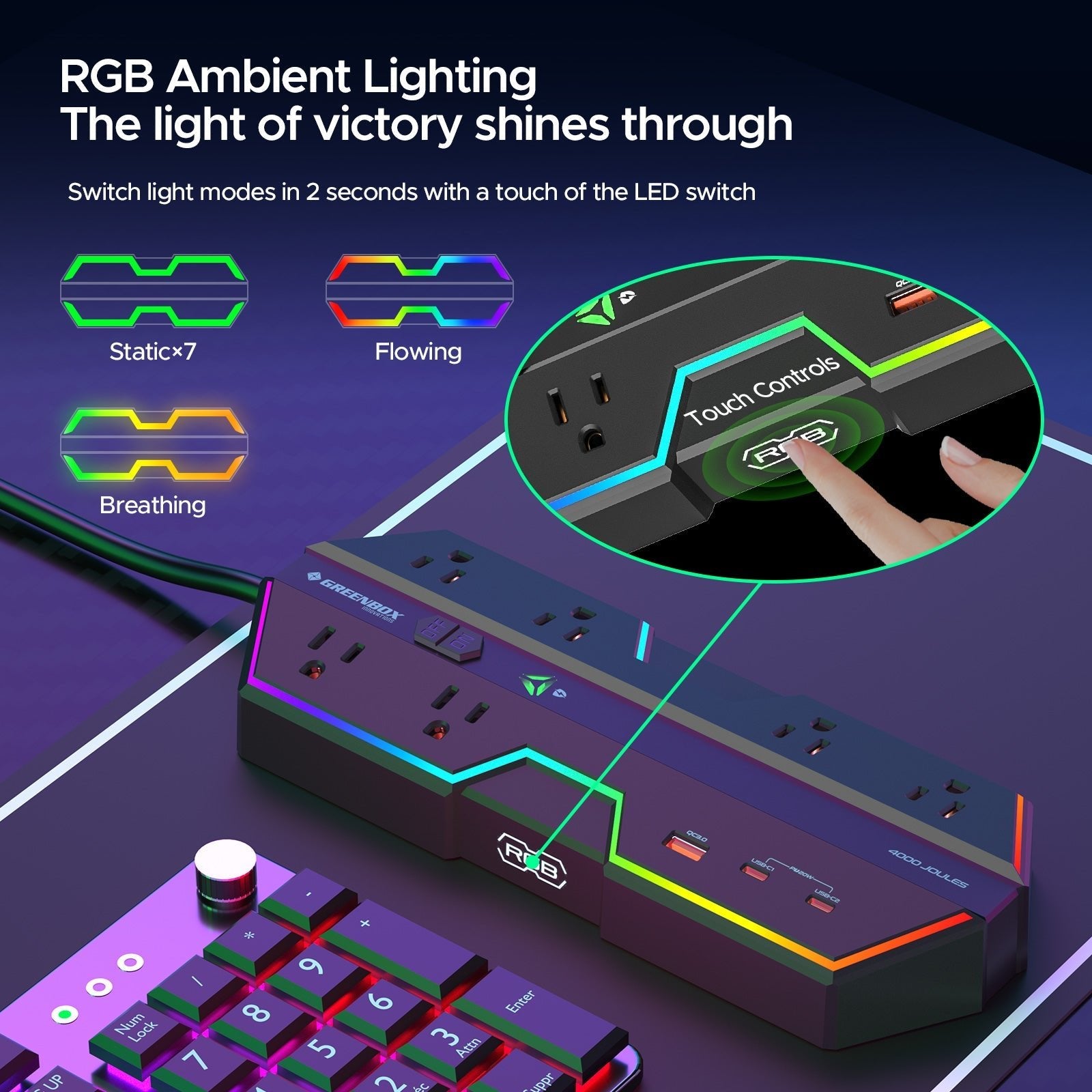 Rocket Socket 6 Outlet Surge Protector Power Strip with RGB Lights and PD 20W Fast Charging USB Ports, Wide - Spaced Outlet Perfect for e - Sports, Game PC, Home and Offices - Angler's Pro Tackle & Outdoors