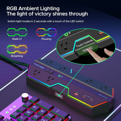 Rocket Socket 6 Outlet Surge Protector Power Strip with RGB Lights and PD 20W Fast Charging USB Ports, Wide - Spaced Outlet Perfect for e - Sports, Game PC, Home and Offices - Angler's Pro Tackle & Outdoors