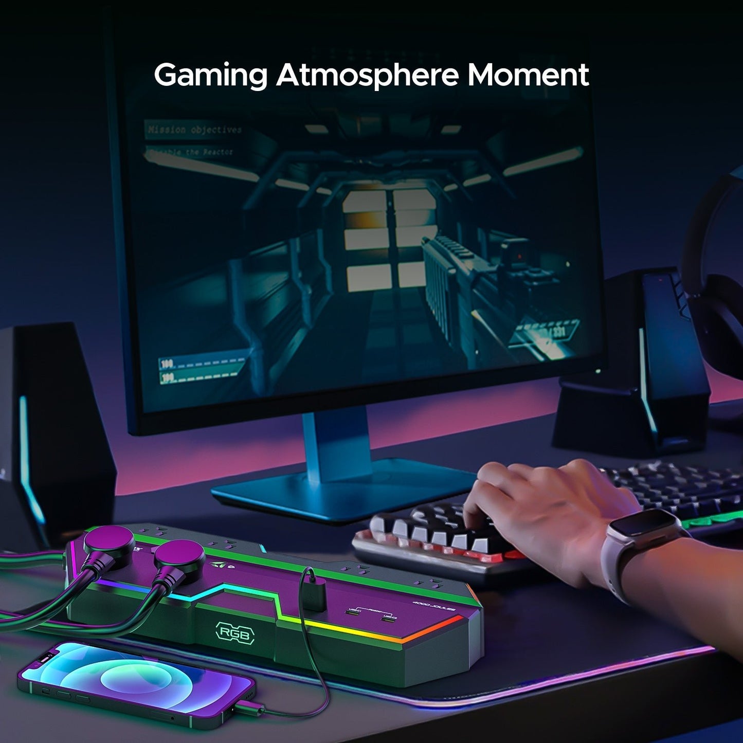 Rocket Socket 6 Outlet Surge Protector Power Strip with RGB Lights and PD 20W Fast Charging USB Ports, Wide - Spaced Outlet Perfect for e - Sports, Game PC, Home and Offices - Angler's Pro Tackle & Outdoors