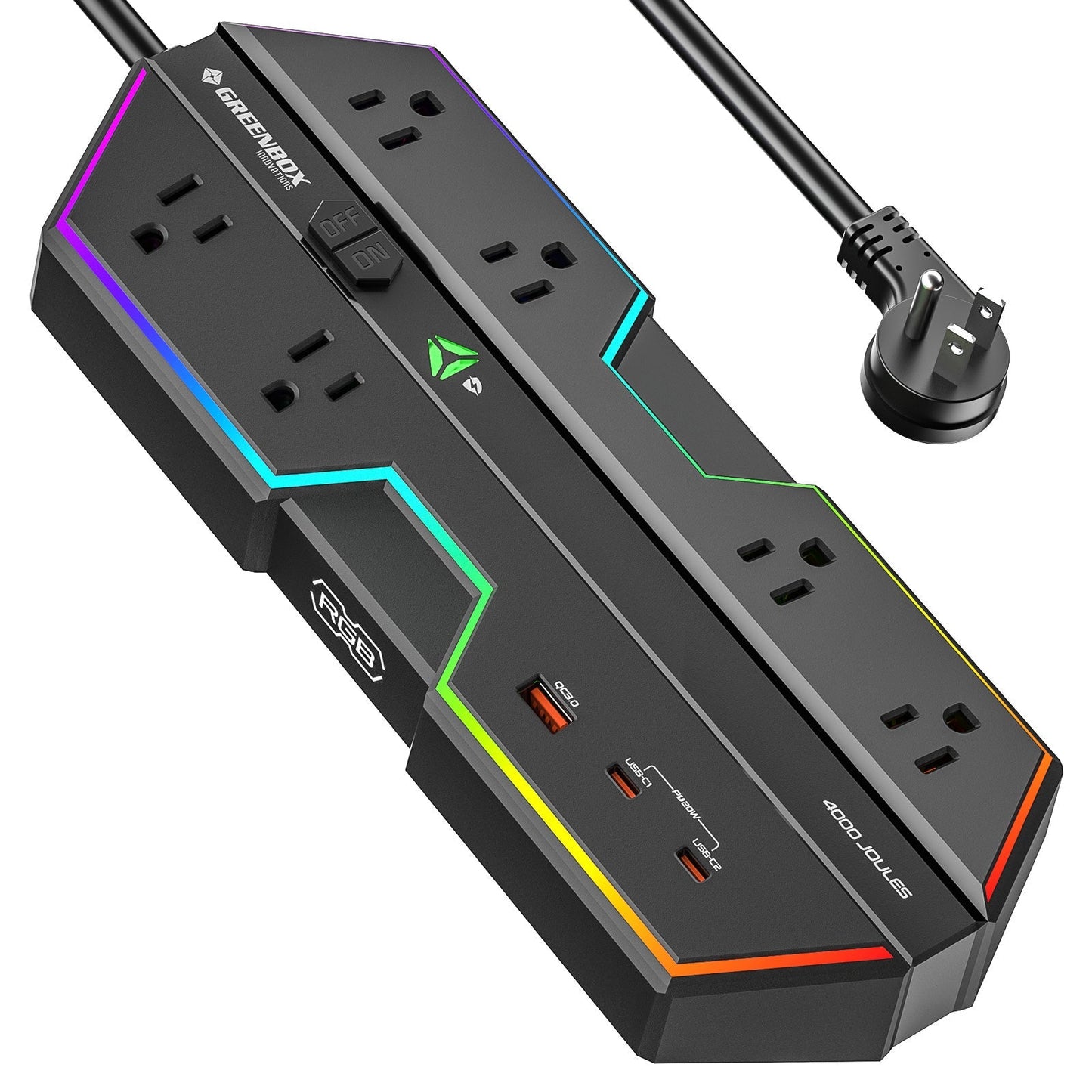 Rocket Socket 6 Outlet Surge Protector Power Strip with RGB Lights and PD 20W Fast Charging USB Ports, Wide - Spaced Outlet Perfect for e - Sports, Game PC, Home and Offices - Angler's Pro Tackle & Outdoors