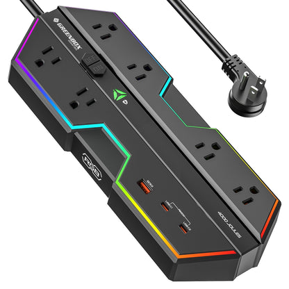 Rocket Socket 6 Outlet Surge Protector Power Strip with RGB Lights and PD 20W Fast Charging USB Ports, Wide - Spaced Outlet Perfect for e - Sports, Game PC, Home and Offices - Angler's Pro Tackle & Outdoors