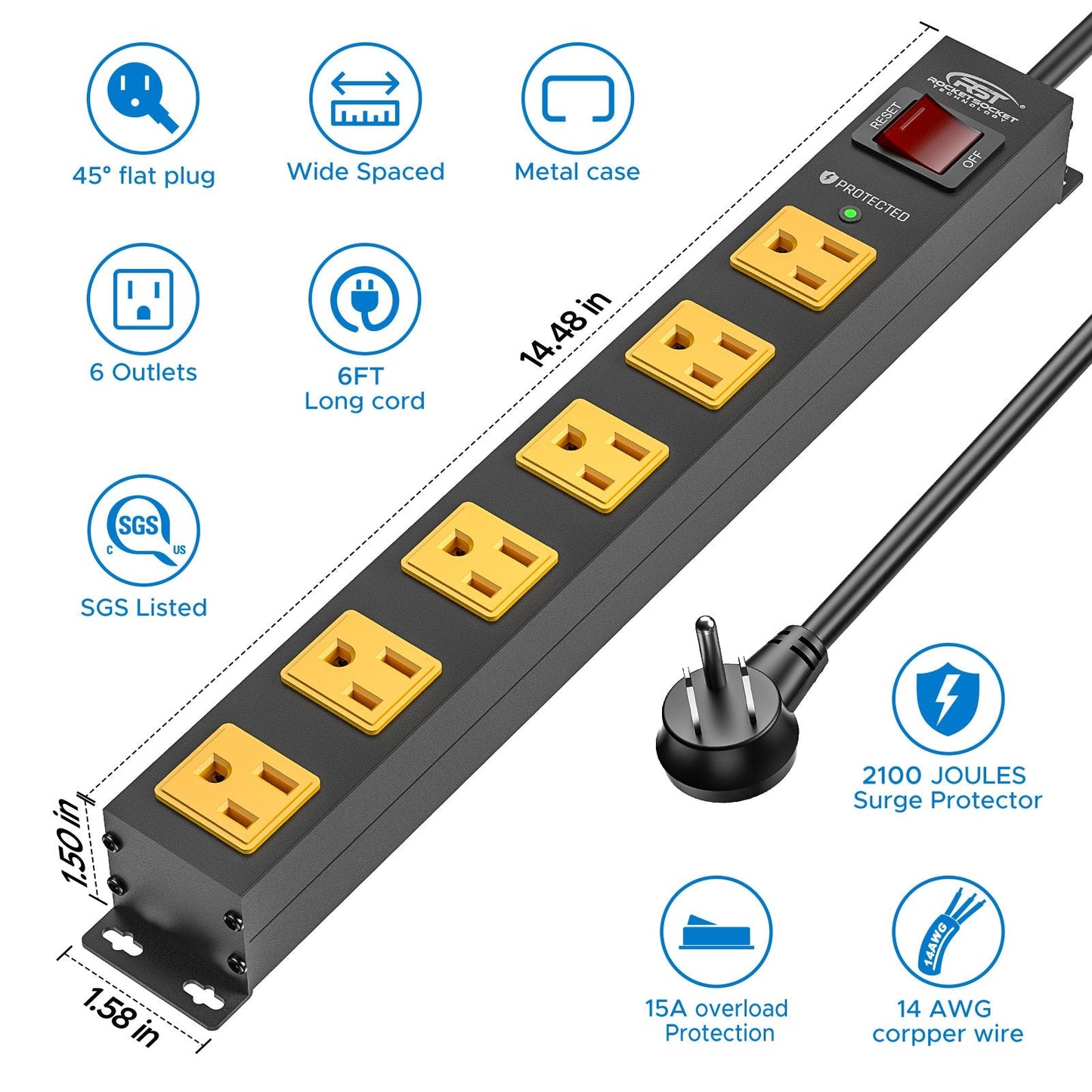 Rocket Socket 6 Outlets Wide Spaced Mountable Metal Power Strip Surge Protector, 6FT Flat Plug Power Cord, Mounting Kits Included - Angler's Pro Tackle & Outdoors