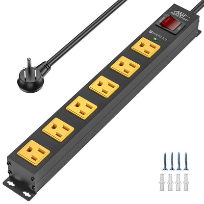 Rocket Socket 6 Outlets Wide Spaced Mountable Metal Power Strip Surge Protector, 6FT Flat Plug Power Cord, Mounting Kits Included - Angler's Pro Tackle & Outdoors