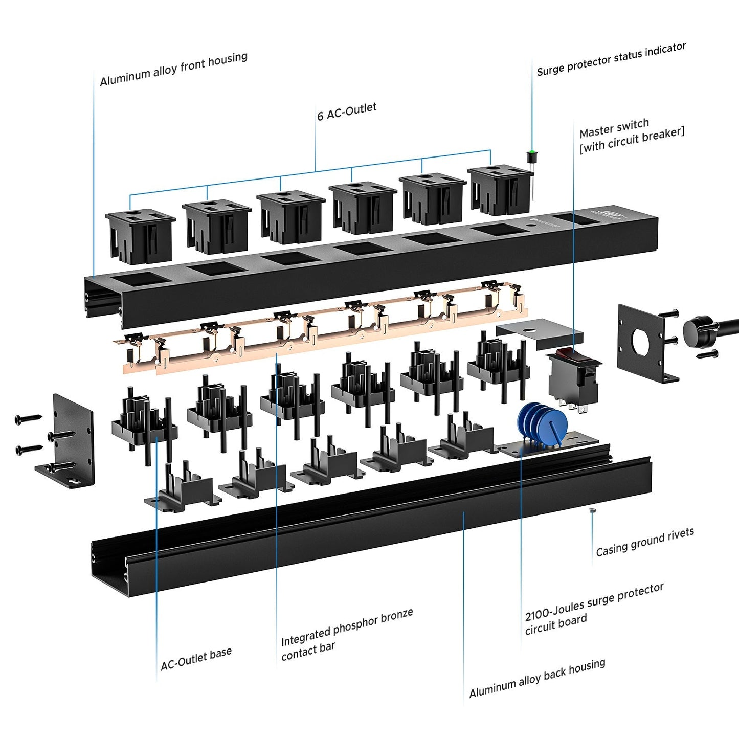 Rocket Socket 6 Outlets Wide Spaced Mountable Metal Power Strip Surge Protector, 6FT Flat Plug Power Cord, Mounting Kits Included - Angler's Pro Tackle & Outdoors