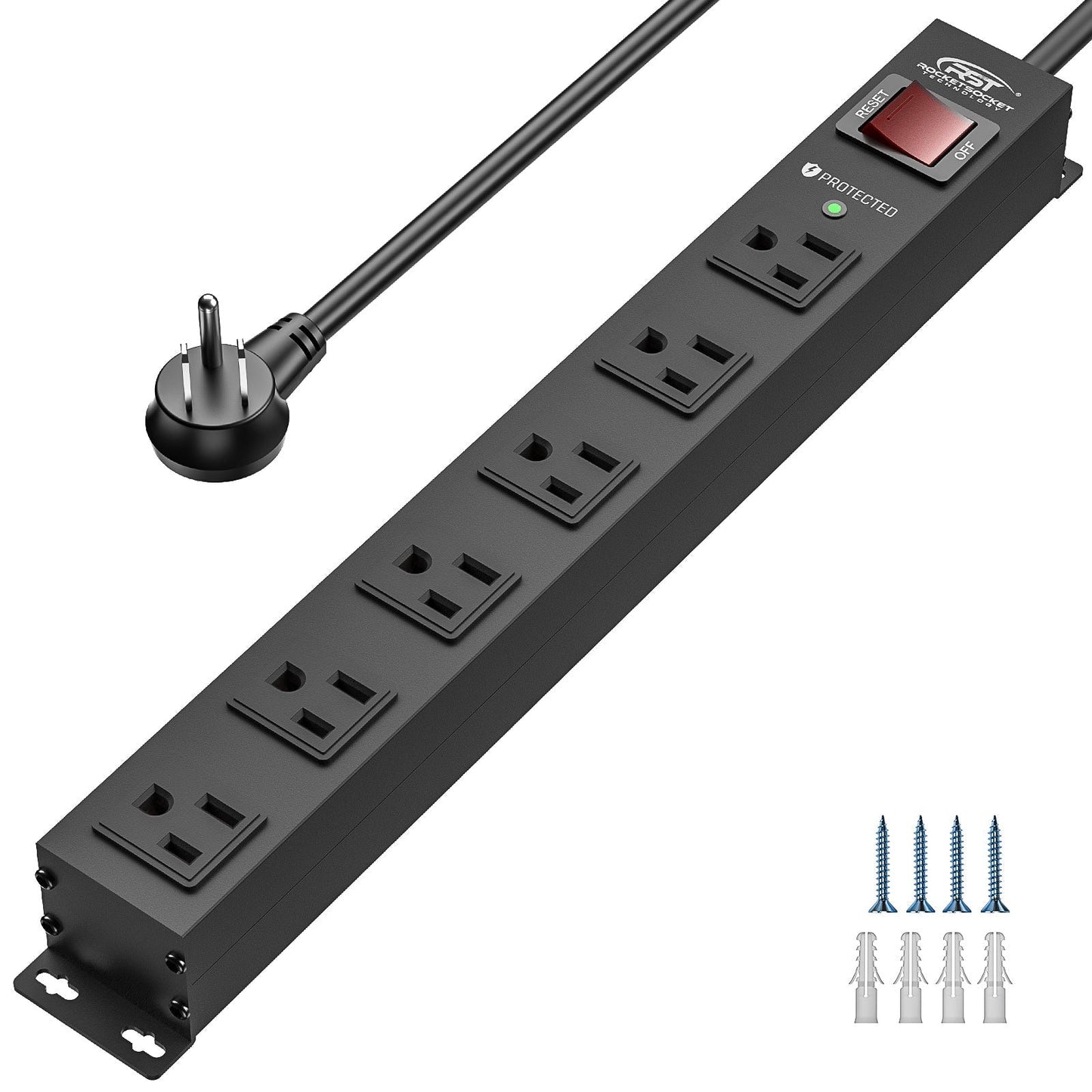 Rocket Socket 6 Outlets Wide Spaced Mountable Metal Power Strip Surge Protector, 6FT Flat Plug Power Cord, Mounting Kits Included - Angler's Pro Tackle & Outdoors