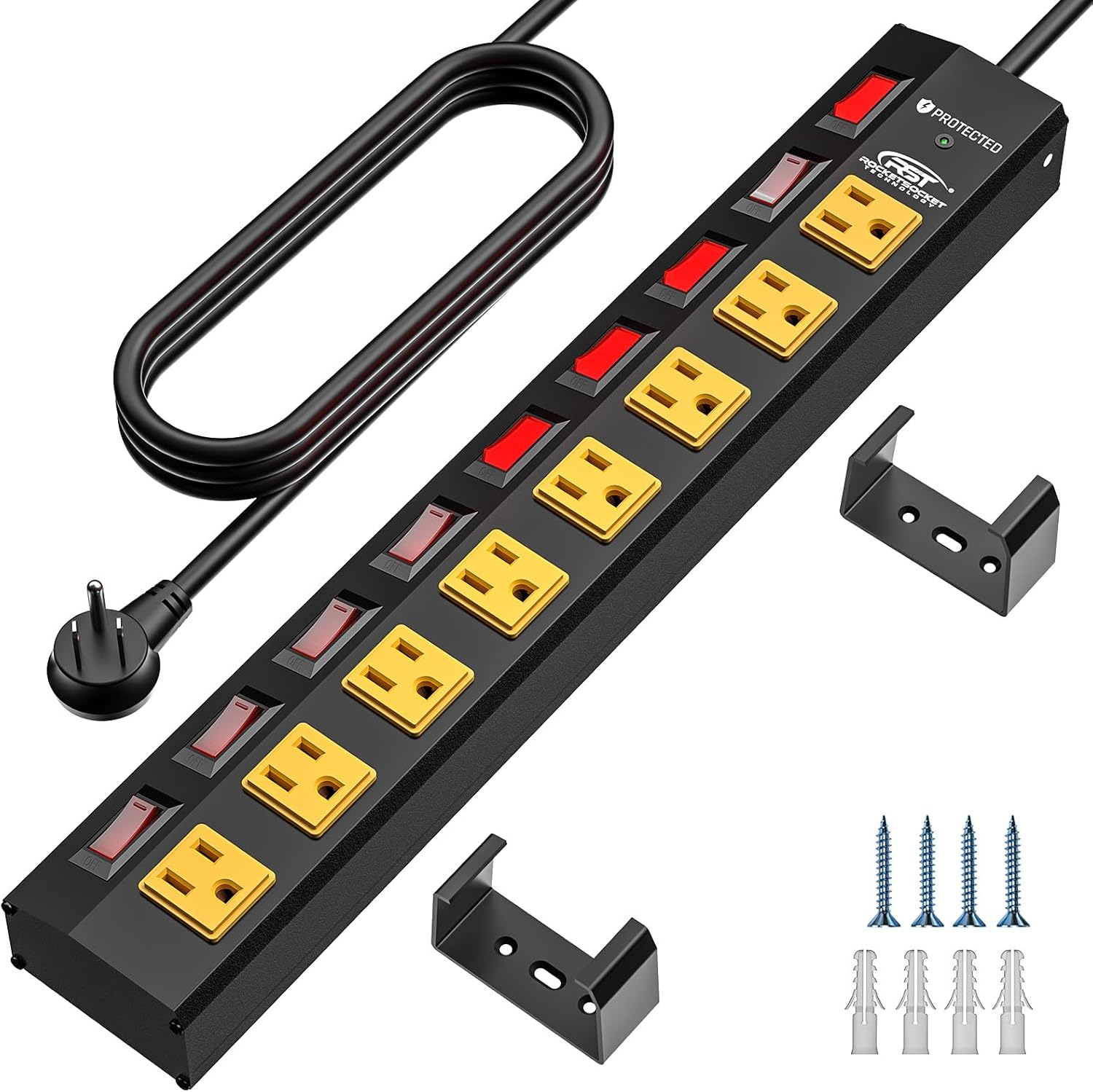 Rocket Socket 8 Outlet Heavy Duty Power Strip with Individual Switches, 15A/1875W Metal Power Strip Surge Protector with Circuit Breaker (1200 Joules), 6FT Extension Cord and Mountable Kits - Angler's Pro Tackle & Outdoors