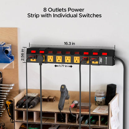 Rocket Socket 8 Outlet Heavy Duty Power Strip with Individual Switches, 15A/1875W Metal Power Strip Surge Protector with Circuit Breaker (1200 Joules), 6FT Extension Cord and Mountable Kits - Angler's Pro Tackle & Outdoors