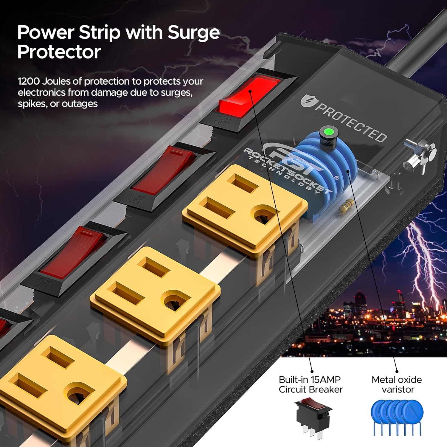 Rocket Socket 8 Outlet Heavy Duty Power Strip with Individual Switches, 15A/1875W Metal Power Strip Surge Protector with Circuit Breaker (1200 Joules), 6FT Extension Cord and Mountable Kits - Angler's Pro Tackle & Outdoors