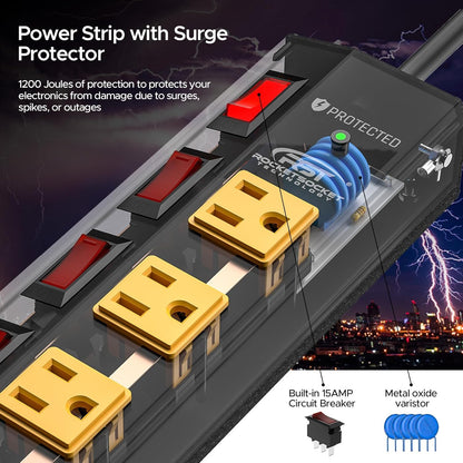 Rocket Socket 8 Outlet Heavy Duty Power Strip with Individual Switches, 15A/1875W Metal Power Strip Surge Protector with Circuit Breaker (1200 Joules), 6FT Extension Cord and Mountable Kits - Angler's Pro Tackle & Outdoors