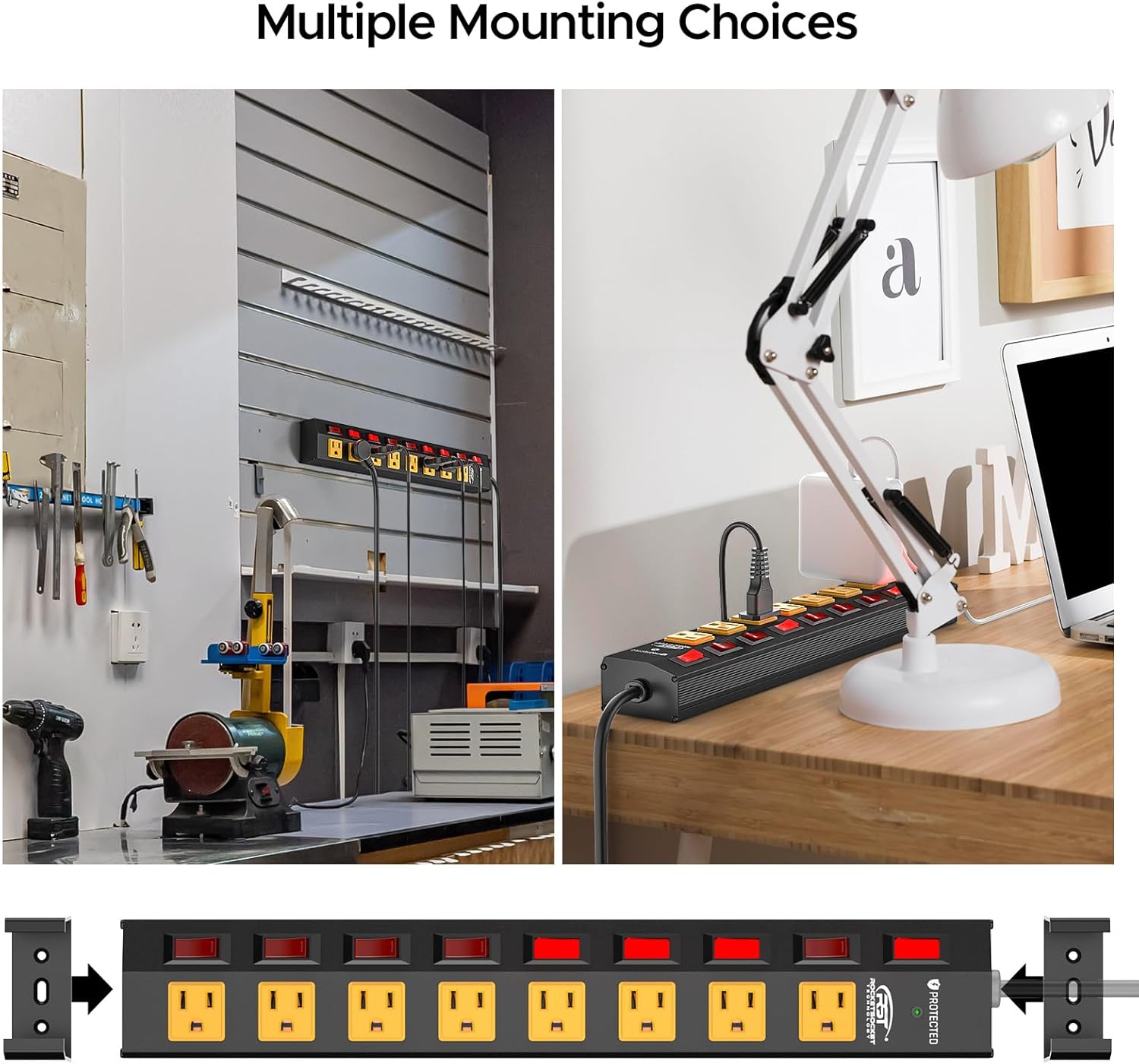 Rocket Socket 8 Outlet Heavy Duty Power Strip with Individual Switches, 15A/1875W Metal Power Strip Surge Protector with Circuit Breaker (1200 Joules), 6FT Extension Cord and Mountable Kits - Angler's Pro Tackle & Outdoors