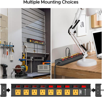 Rocket Socket 8 Outlet Heavy Duty Power Strip with Individual Switches, 15A/1875W Metal Power Strip Surge Protector with Circuit Breaker (1200 Joules), 6FT Extension Cord and Mountable Kits - Angler's Pro Tackle & Outdoors