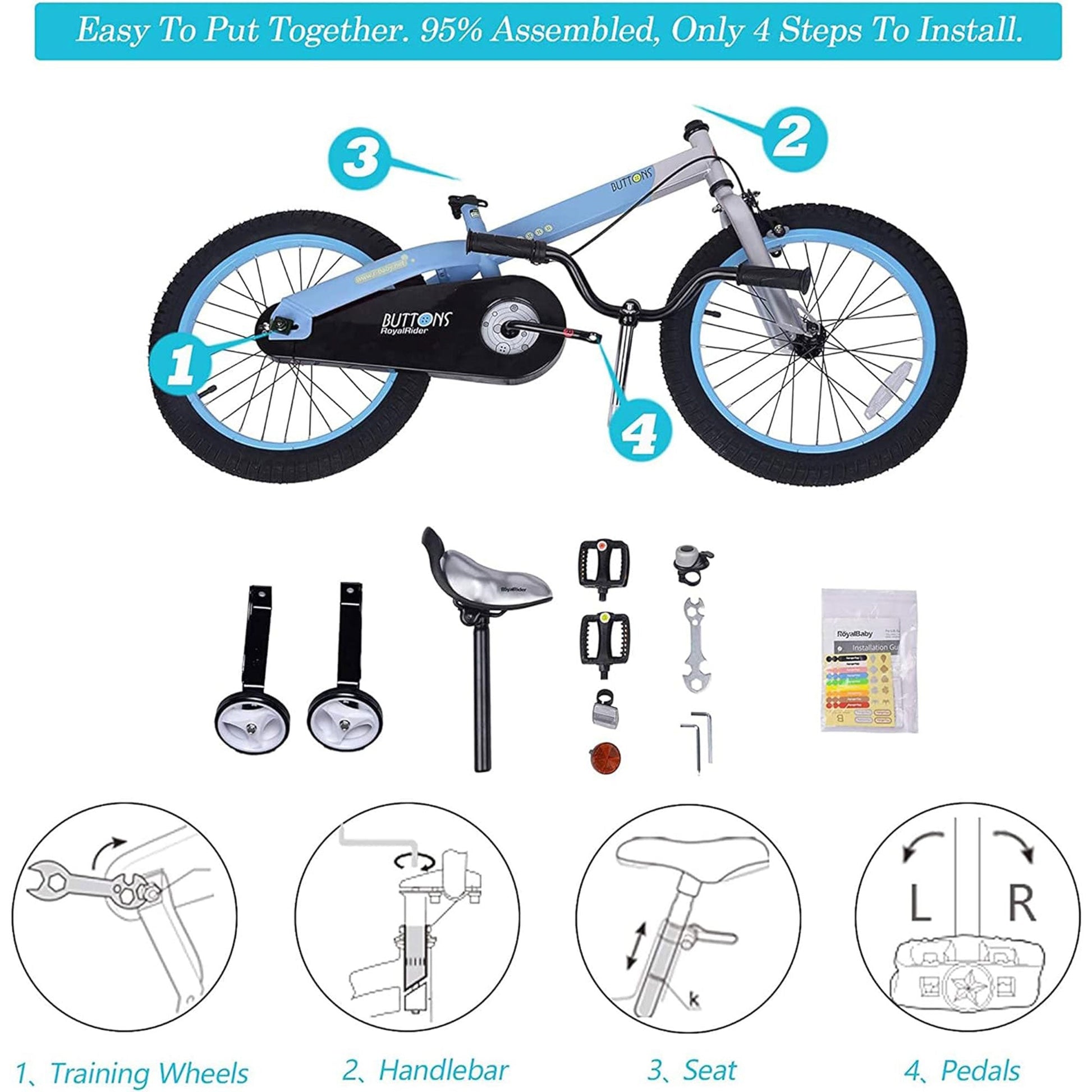 RoyalBaby Buttons 14 Inch Kids Bike with Training Wheels and Coaster Brake, Blue - Angler's Pro Tackle & Outdoors