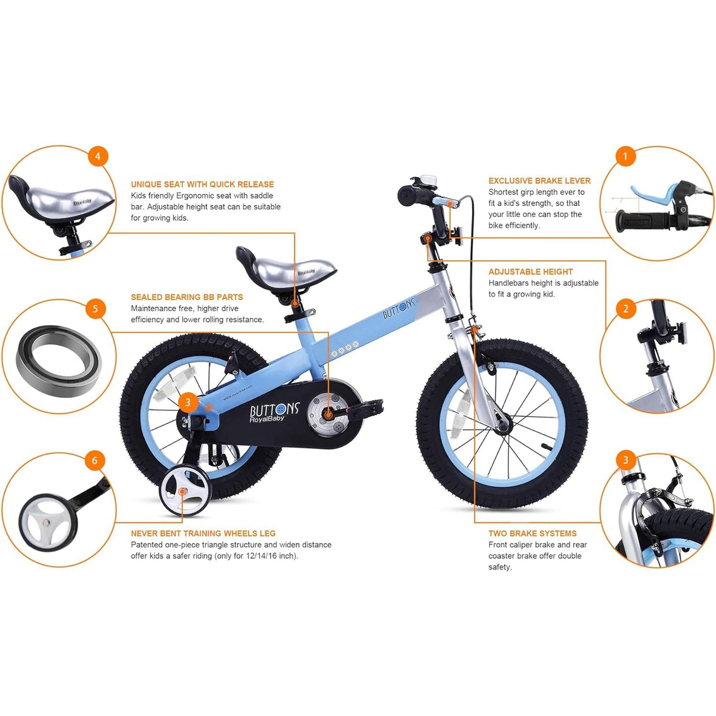 RoyalBaby Buttons 14 Inch Kids Bike with Training Wheels and Coaster Brake, Blue - Angler's Pro Tackle & Outdoors