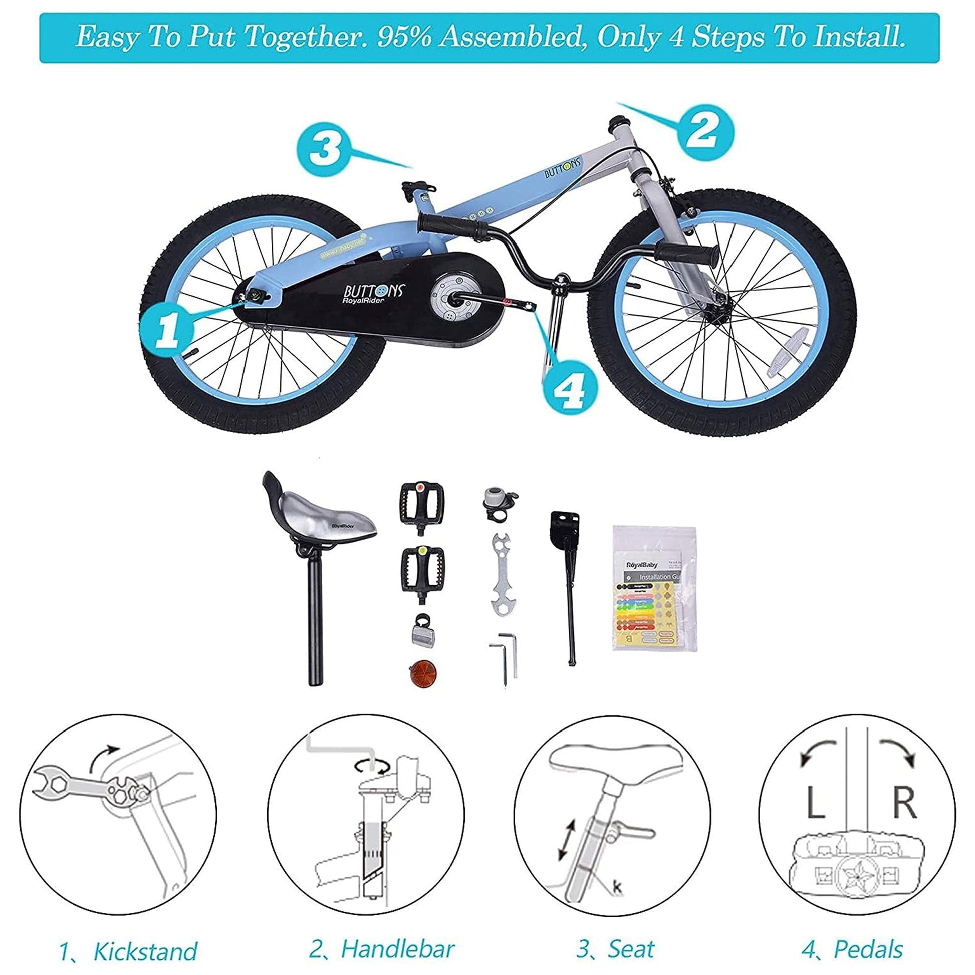 RoyalBaby Buttons 18" Kids Bike with Kickstand & Training Wheels, Matte Blue - Angler's Pro Tackle & Outdoors