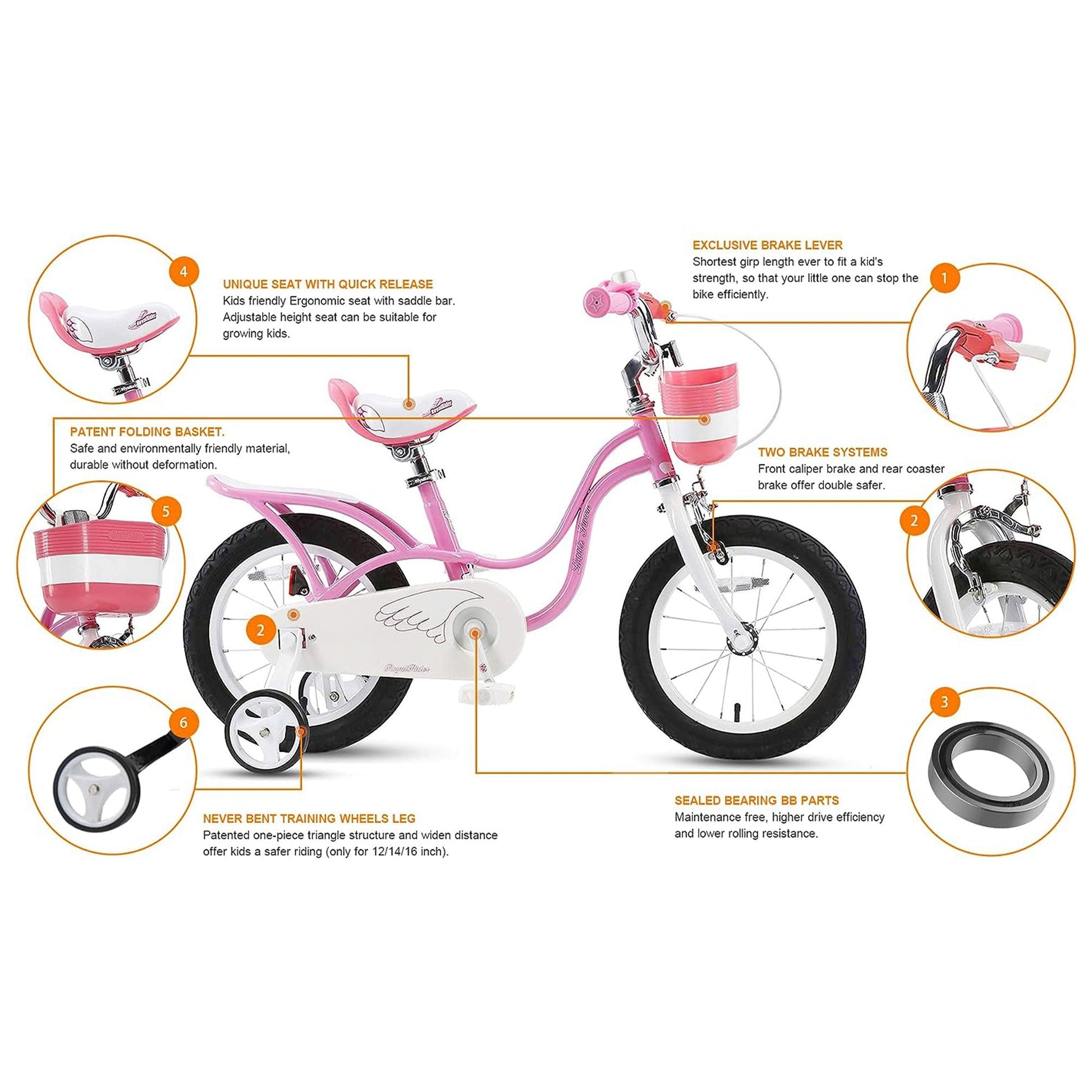 RoyalBaby Little Swan 12" Carbon Steel Kids Bicycle with Dual Hand Brakes, Pink - Angler's Pro Tackle & Outdoors