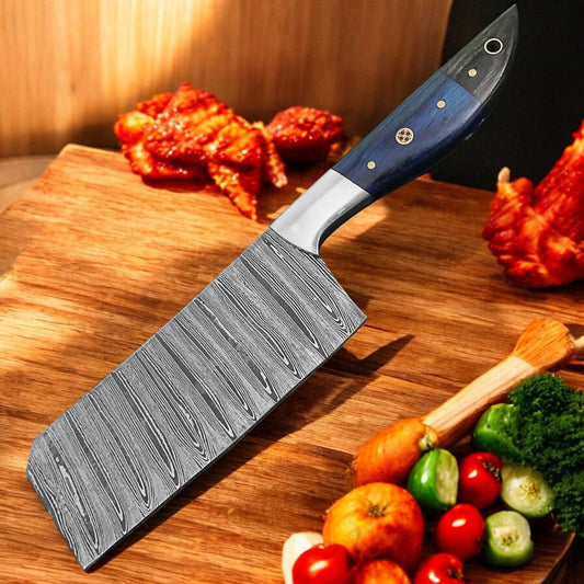 KBS Knives Meat Hacker – Damascus cleaver knife with exotic pakka wood handle & leather sheath