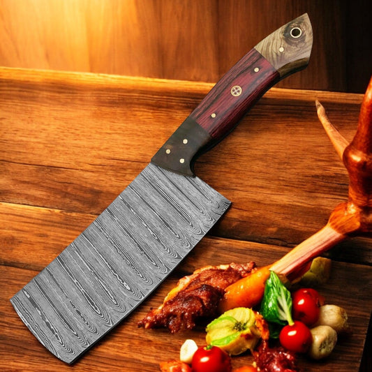 KBS Knives Butcher’s Blade – Handmade Damascus Cleaver Knife with Exotic Pakka Wood & Rosewood Handle