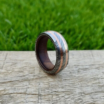KBS Knives Infinite Promise Damascus Steel Vow Renewal Ring with Copper Lines and RoseWood Inlay by KBS Knives Store