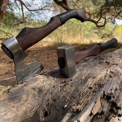 KBS Knives Battle Axe Set: Tomahawk and Hammer with Custom Handmade Forged Engraved 1095 Steel Blade – Warrior's Duo
