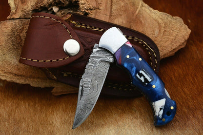 KBS Knives Damascus Handmade Custom Folding Pocket Knife with Epoxy Resin and Steel Bolster Handle, 3-inch Blade Length
