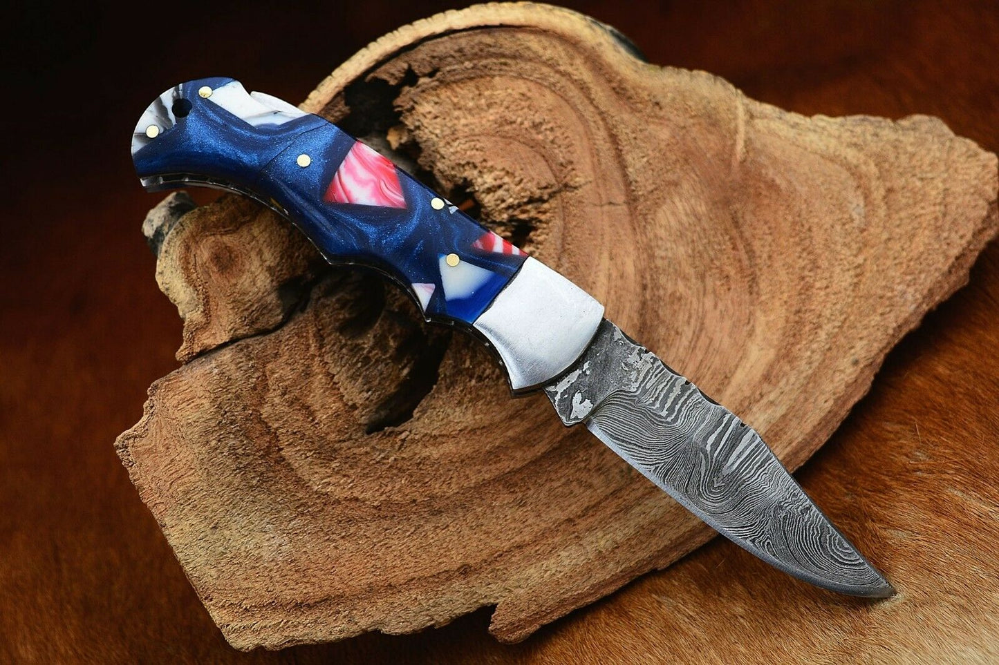 KBS Knives Damascus Handmade Custom Folding Pocket Knife with Epoxy Resin and Steel Bolster Handle, 3-inch Blade Length