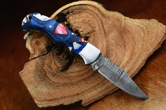 KBS Knives Damascus Handmade Custom Folding Pocket Knife with Epoxy Resin and Steel Bolster Handle, 3-inch Blade Length