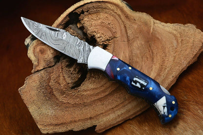 KBS Knives Damascus Handmade Custom Folding Pocket Knife with Epoxy Resin and Steel Bolster Handle, 3-inch Blade Length